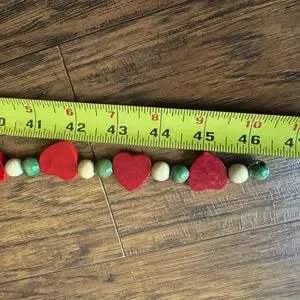 Vintage Christmas Garland Wood Beads Red Hearts Country Farmhouse Cottagecore