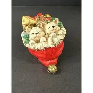 Vintage Christmas Ornament Kittens in Red Stocking with Toys & Bell