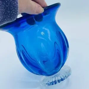 Vintage Cobalt Blue Flared Opening Glass Vase Hurricane Candle Holder Pedestal