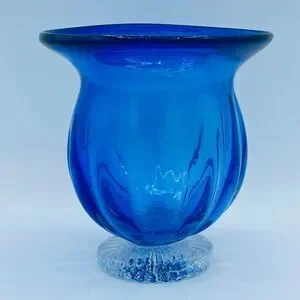 Vintage Cobalt Blue Flared Opening Glass Vase Hurricane Candle Holder Pedestal