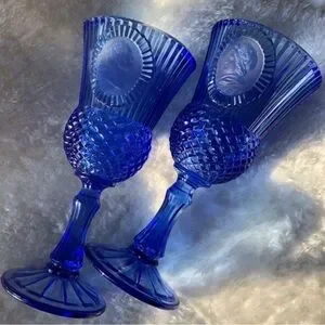 Vintage Cobalt Blue Glass Goblets Cameo Design Set Of 2