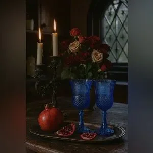 Vintage Cobalt Blue Glass Goblets Cameo Design Set Of 2