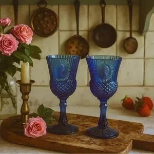 Vintage Cobalt Blue Glass Goblets Cameo Design Set of 2