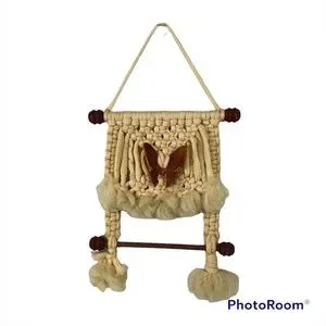 Vintage Cream Macrame Wall Hanging Woven Yarn with Acrylic Butterfly Accent 18”
