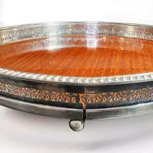 Vintage Crescent Modern Formica And Silver Plate Round Serving Bar Tray MCM 12"