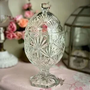 Vintage Cristal D'Arques-Durand Egg Covered Candy Compote Clear 6 Sided Stem