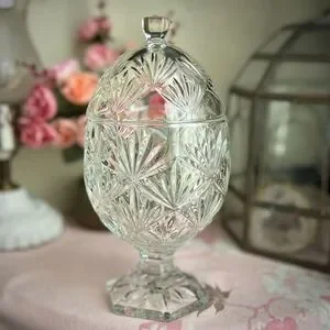Vintage Cristal D'Arques-Durand Egg Covered Candy Compote Clear 6 Sided Stem