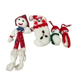 Vintage Crocheted Christmas Ornaments Snowman Mouse in Stocking Elf Pixie Set 4