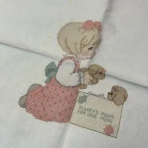 Vintage Cross-Stitch Precious Moments Art With Girl And Puppies