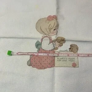 Vintage Cross-Stitch Precious Moments Art With Girl And Puppies