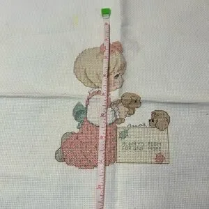 Vintage Cross-Stitch Precious Moments Art With Girl And Puppies