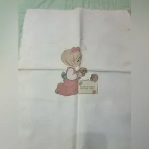 Vintage Cross-Stitch Precious Moments Art with Girl and Puppies