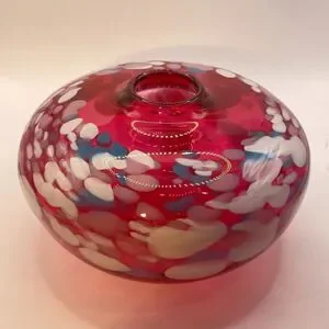Vintage Douglas Becker Signed Cranberry Art Glass Vase Coin Dot Pattern