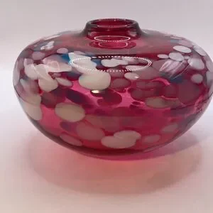 Vintage Douglas Becker Signed Cranberry Art Glass Vase Coin Dot Pattern
