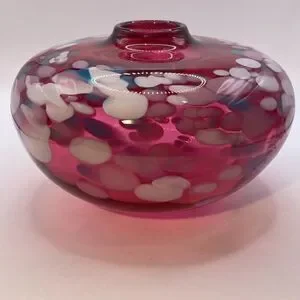 Vintage Douglas Becker Signed Cranberry Art Glass Vase Coin Dot Pattern