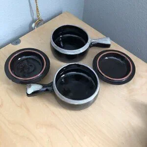 Vintage Drip Glaze French Onion Soup Stoneware Bowl With Lid & Handle - Lot Of 2