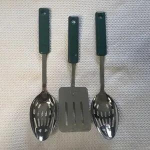 Vintage Ekco 3 Piece Utensil Stainless Steel Green Handles Slotted Spoon Spatula