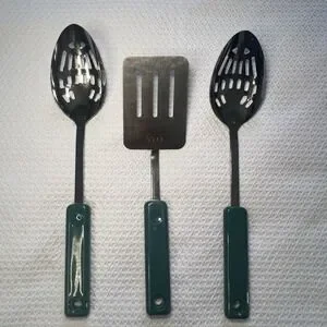 Vintage Ekco 3 Piece Utensil Stainless Steel Green Handles Slotted Spoon Spatula