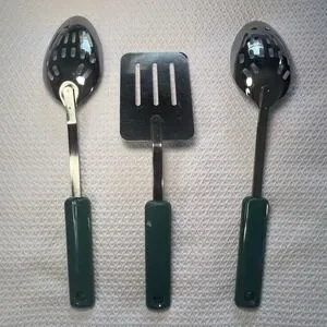 Vintage Ekco 3 Piece Utensil Stainless Steel Green Handles Slotted Spoon Spatula