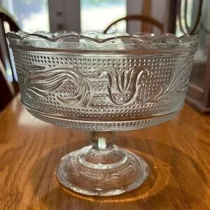 Vintage EO Brody Clear Glass Footed Compote Tulip and Leaf EO Brody Cleveland