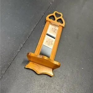 Vintage Farmhouse Entry Wooden Wall Mirror W/ Shelf & Heart Cutouts Cottagecore