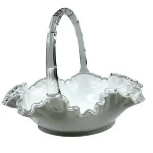 Vintage Fenton Silver Crest Bridal Basket White Ruffled Clear Edges Handle Large