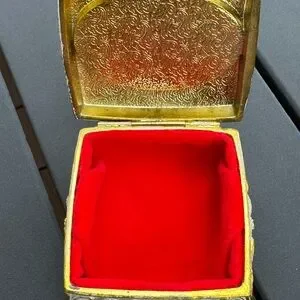 Vintage Footed Square Metal Jewelry Trinket Box Red Velvet Lined Japan