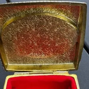 Vintage Footed Square Metal Jewelry Trinket Box Red Velvet Lined Japan