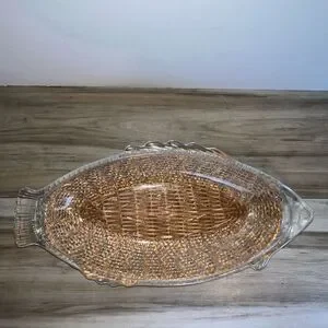 Vintage Glasbake Clear Glass Fish Bowl/Platter USA With Original Wicker Basket