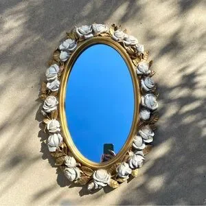 Vintage Gold Cream Rose Baroque Oval Mirror Wall Hanging Home Decor Large