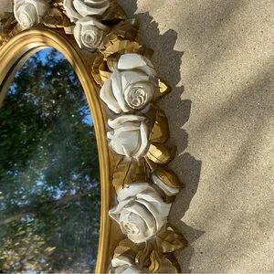 Vintage Gold Cream Rose Baroque Oval Mirror Wall Hanging Home Decor Large