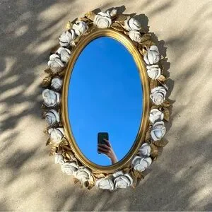 Vintage gold cream rose baroque oval mirror wall hanging home decor large