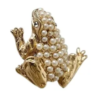 Vintage Gold Tone Faux Pearl Frog Brooch