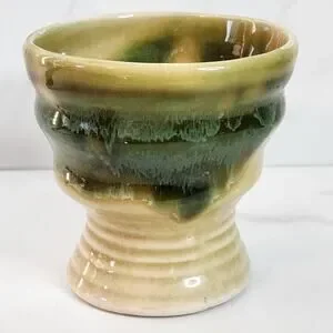 Vintage Green & Beige Studio Pottery Planter Pot Ribbed Base Goblet Shape 3.25"
