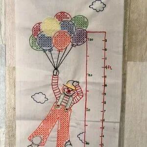 Vintage Hand-Crafted Embroidered & Cross Stitch Height Chart - Clown & Balloons