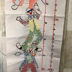 Vintage Hand-Crafted Embroidered & Cross Stitch Height Chart - Clown & Balloons