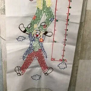 Vintage Hand-Crafted Embroidered & Cross Stitch Height Chart - Clown & Balloons
