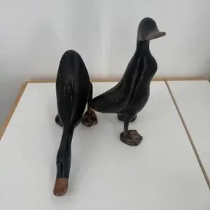 Vintage Hand-Craved Wooden Duck Figurines Black Brown Beaks Home Decor Set Of 2