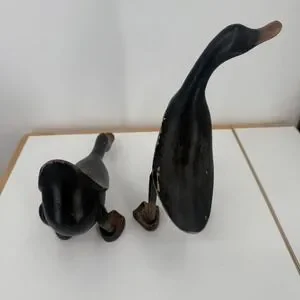 Vintage Hand-Craved Wooden Duck Figurines Black Brown Beaks Home Decor Set Of 2