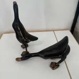 Vintage Hand-Craved Wooden Duck Figurines Black Brown Beaks Home Decor Set Of 2