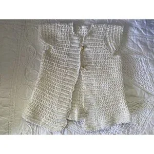Vintage Hand Crochet Baby Cardigan Sweater Dress Cream Colored Newborn-3‎ Months