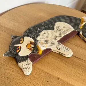 Vintage Hand Painted Wood Primitive Grey White Cat Hat Coat Hook Rack Unique