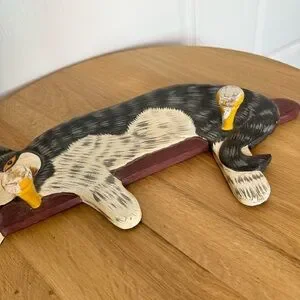 Vintage Hand Painted Wood Primitive Grey White Cat Hat Coat Hook Rack Unique