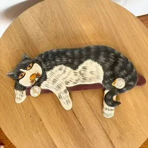 Vintage Hand Painted Wood Primitive Grey White Cat Hat Coat Hook Rack Unique