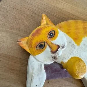 Vintage Hand Painted Wood Primitive Yellow White Cat Hat Coat Hook Rack Unique
