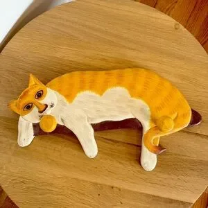 Vintage Hand Painted Wood Primitive Yellow White Cat Hat Coat Hook Rack Unique
