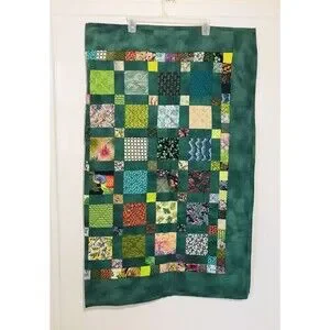 Vintage Handmade And Machine Sewn Crazy Patchwork Quilt Lap Quilt Green 49 X 40
