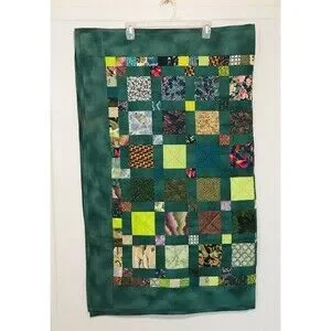 Vintage Handmade And Machine Sewn Crazy Patchwork Quilt Lap Quilt Green 49 X 40