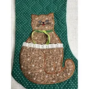 Vintage Handmade Brown Kitty Cat Christmas Stocking 15" Long
