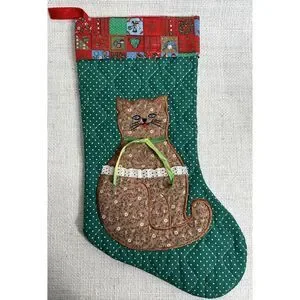Vintage Handmade Brown Kitty Cat Christmas Stocking 15" Long